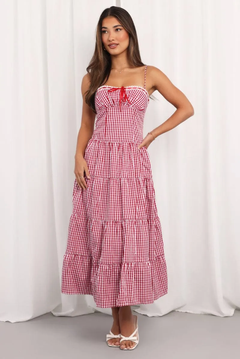 Canvas Glow Red Check Maxi Dress Satin Tape Detail