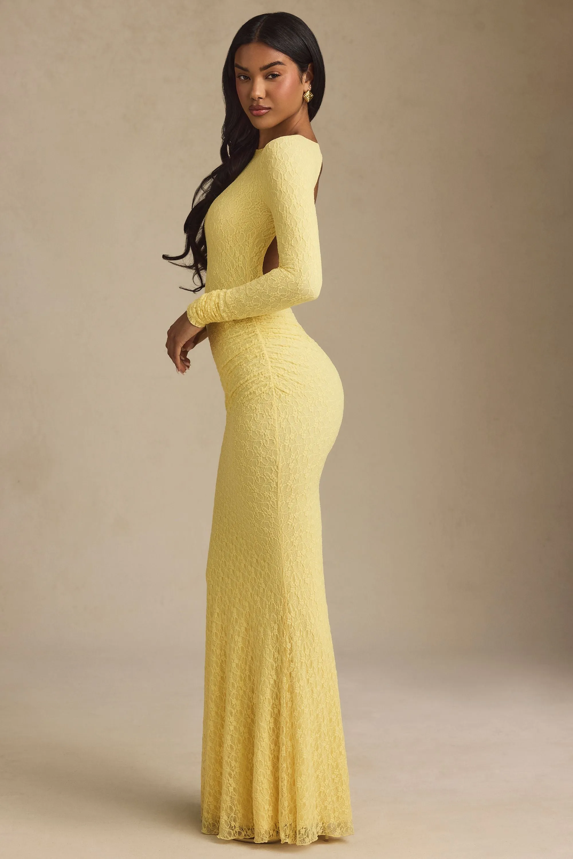 Ruched Backless Lace Maxi Dress in Pastel Yellow Vintage Love
