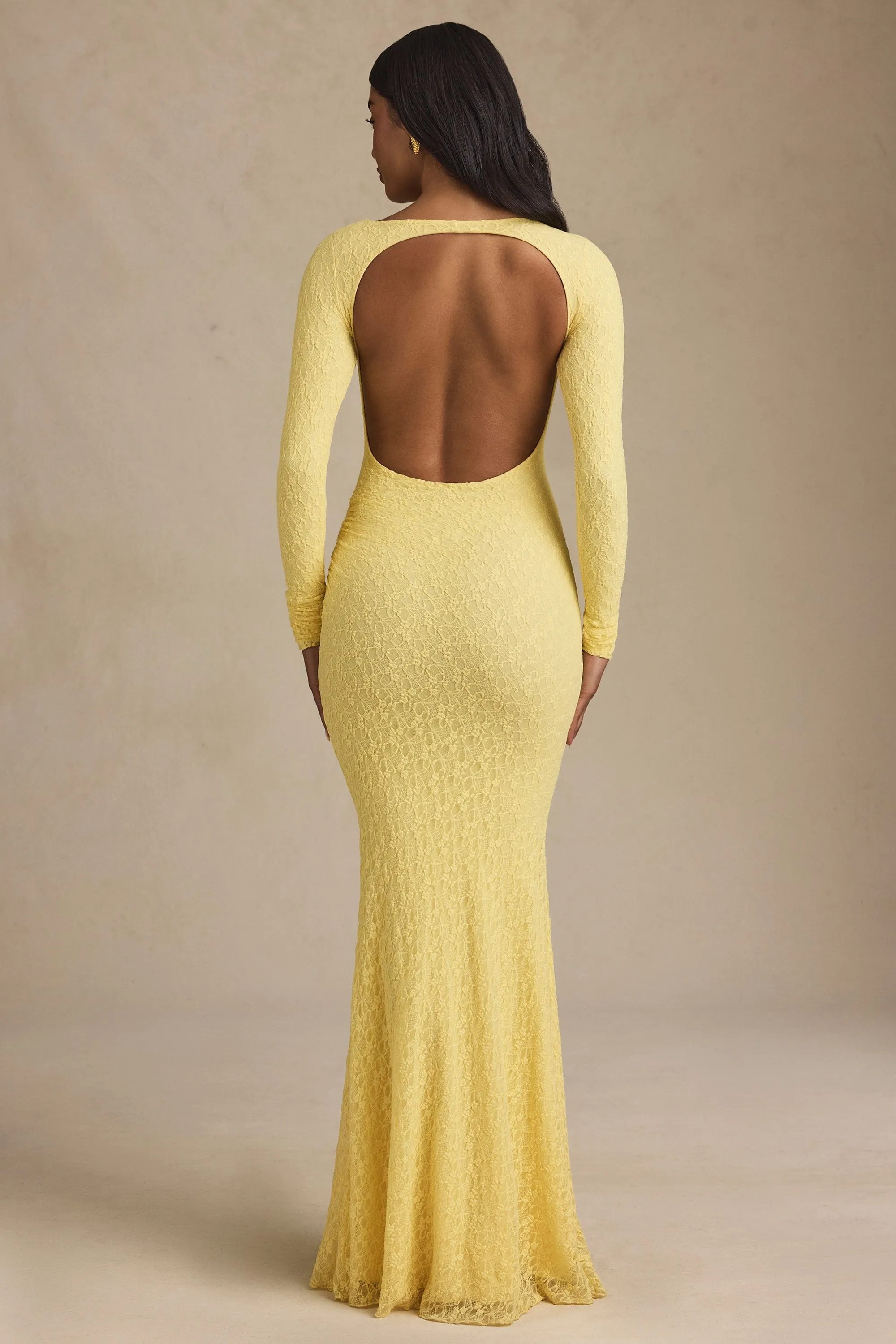 Coral Bay Ruched Backless Lace Maxi Dress in Pastel Yellow