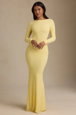 Sunset Glow Canvas Glow Ruched Backless Lace Maxi Dress in Pastel Yellow