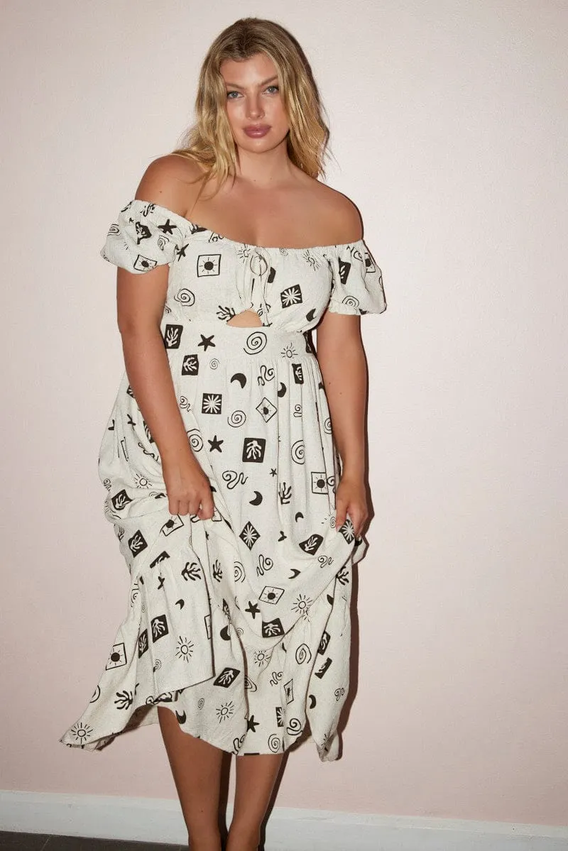 Beige Abstract Midi Dress Short Sleeve Ruched Bust Soft Flow