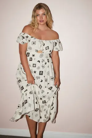 Beige Abstract Midi Dress Short Sleeve Ruched Bust Soft Flow