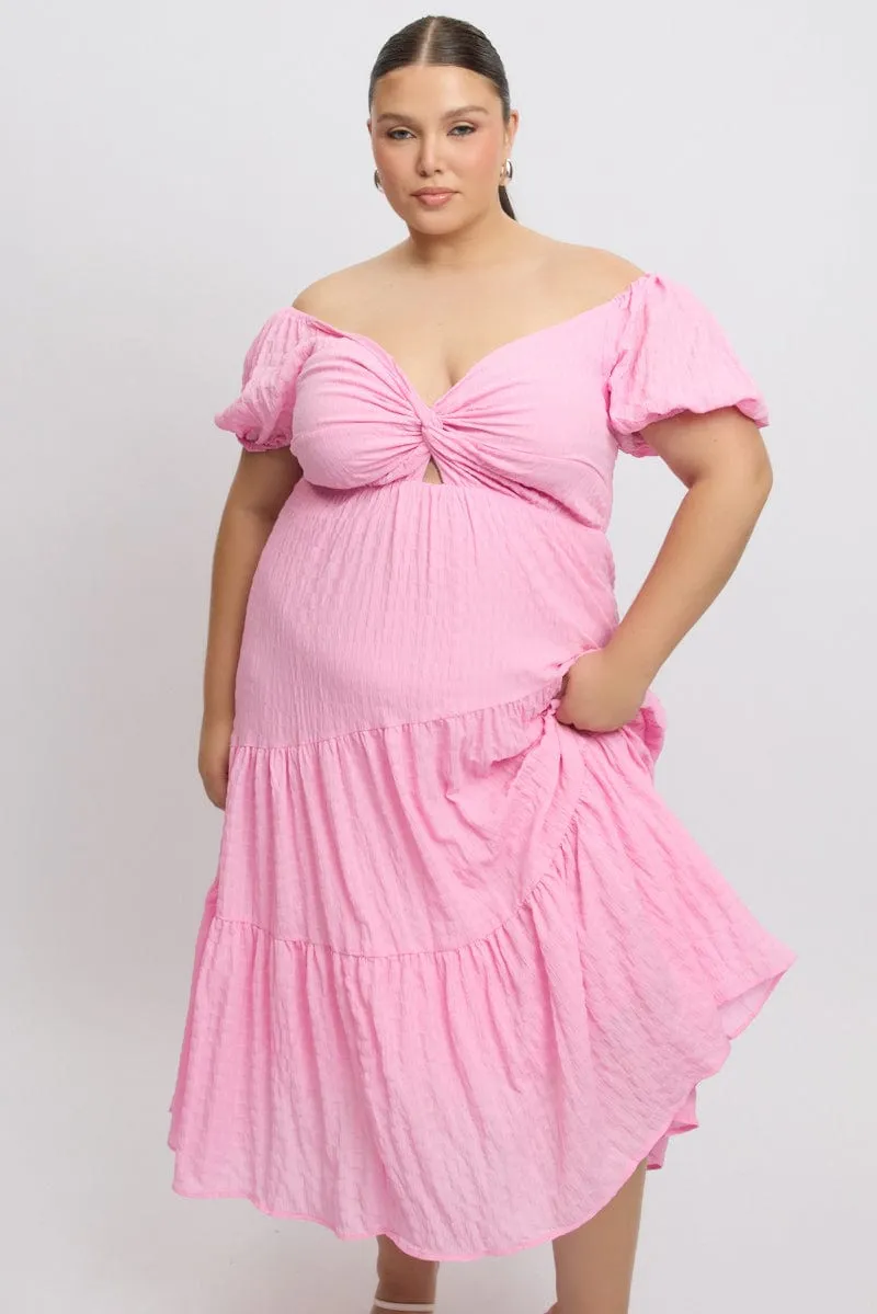 Elegant Layers Pink Midi Dress Short Sleeve Cut Out