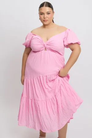 Elegant Layers Pink Midi Dress Short Sleeve Cut Out