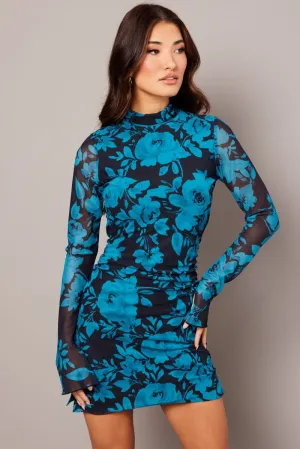 PunctureResistant Fabric Blue Abstract Bodycon Dress High Neck Mini Long Sleeve