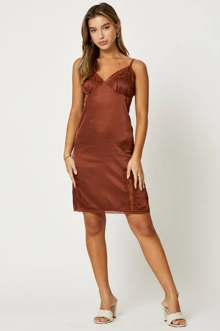 Brown Lace Trim Slip Dress World Tone