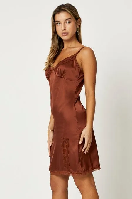 Model Edge Brown Lace Trim Slip Dress