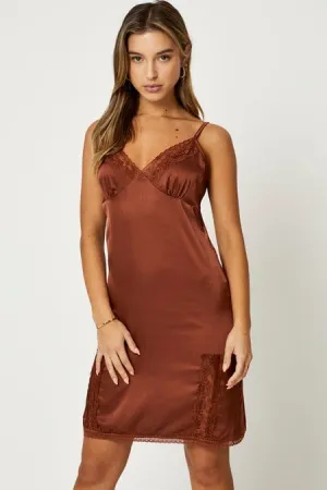 Parisian Chic FlexibleMaterial Brown Lace Trim Slip Dress