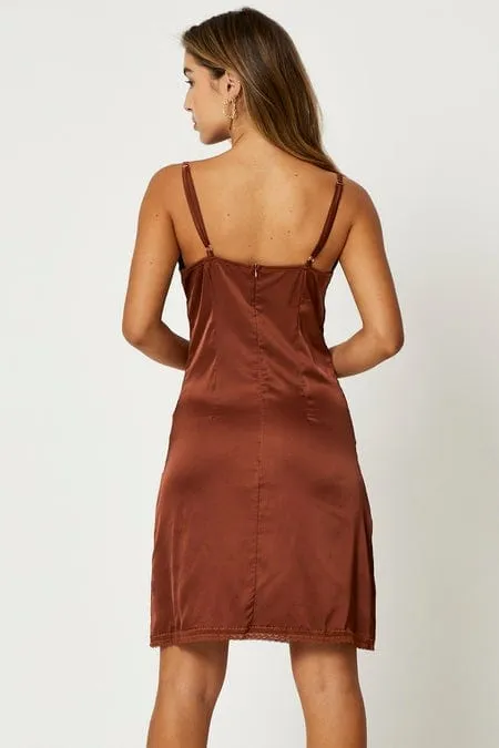 Brown Lace Trim Slip Dress GridTexture Trendy Outerwear