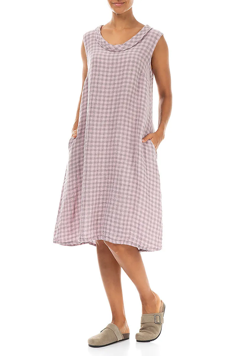 Elastic cuffs Cowl Neck Pink Check Linen Midi Dress