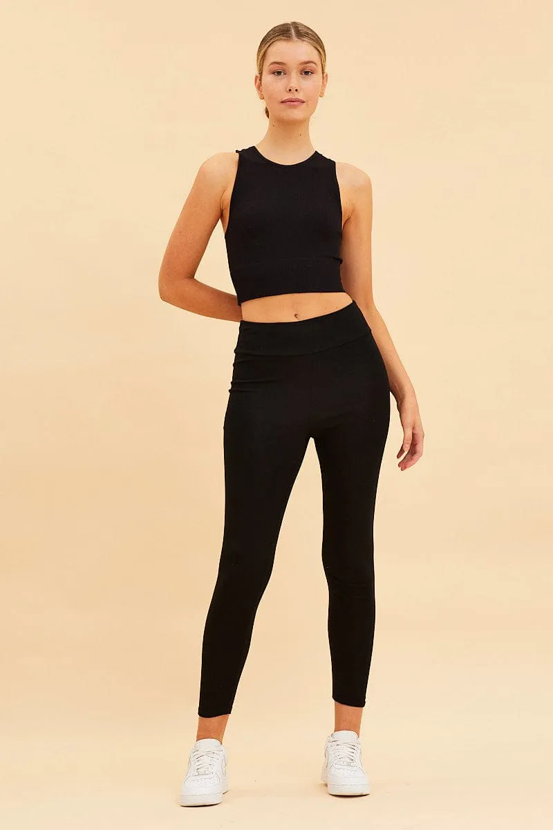 Black Seamless Tank Top High Neck Rib Crop MoistureWicking Technology EcoCertifiedTextile