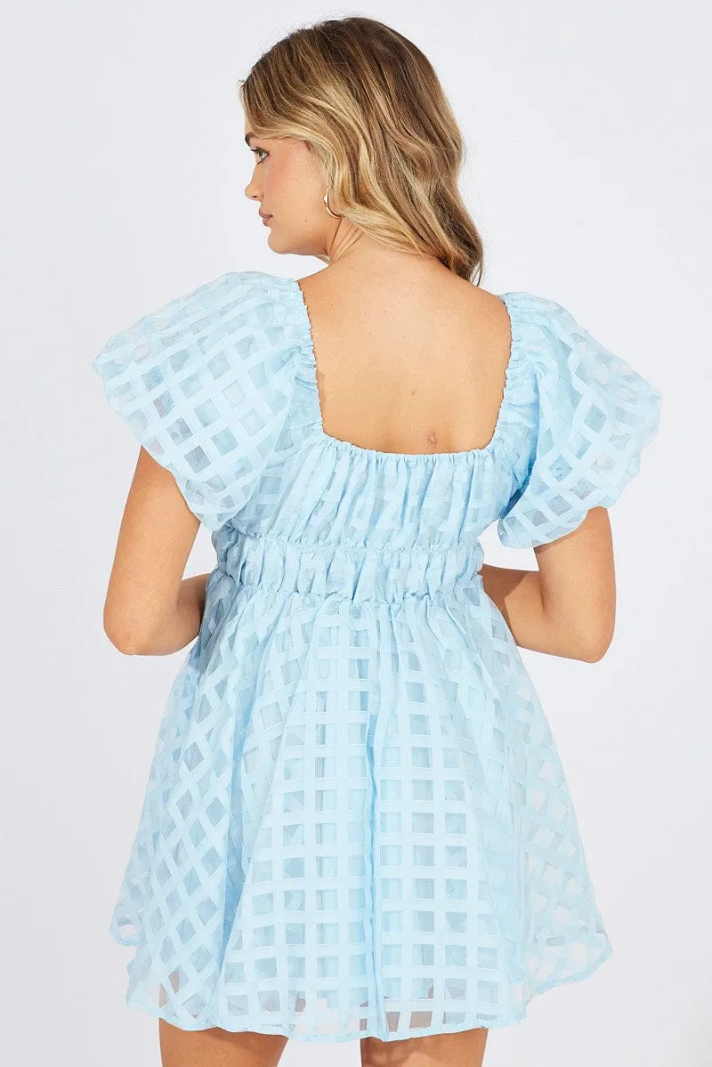 Blue Fit And Flare Dress Puff Sleeve Mini Smooth Yarn