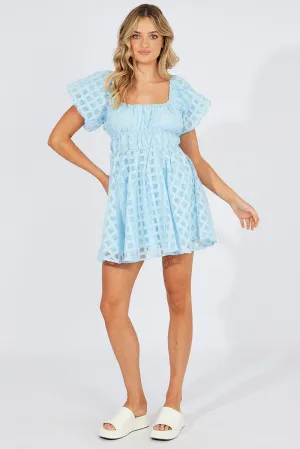Blue Fit And Flare Dress Puff Sleeve Mini ThermalRegulatingFabric QuickDry Material