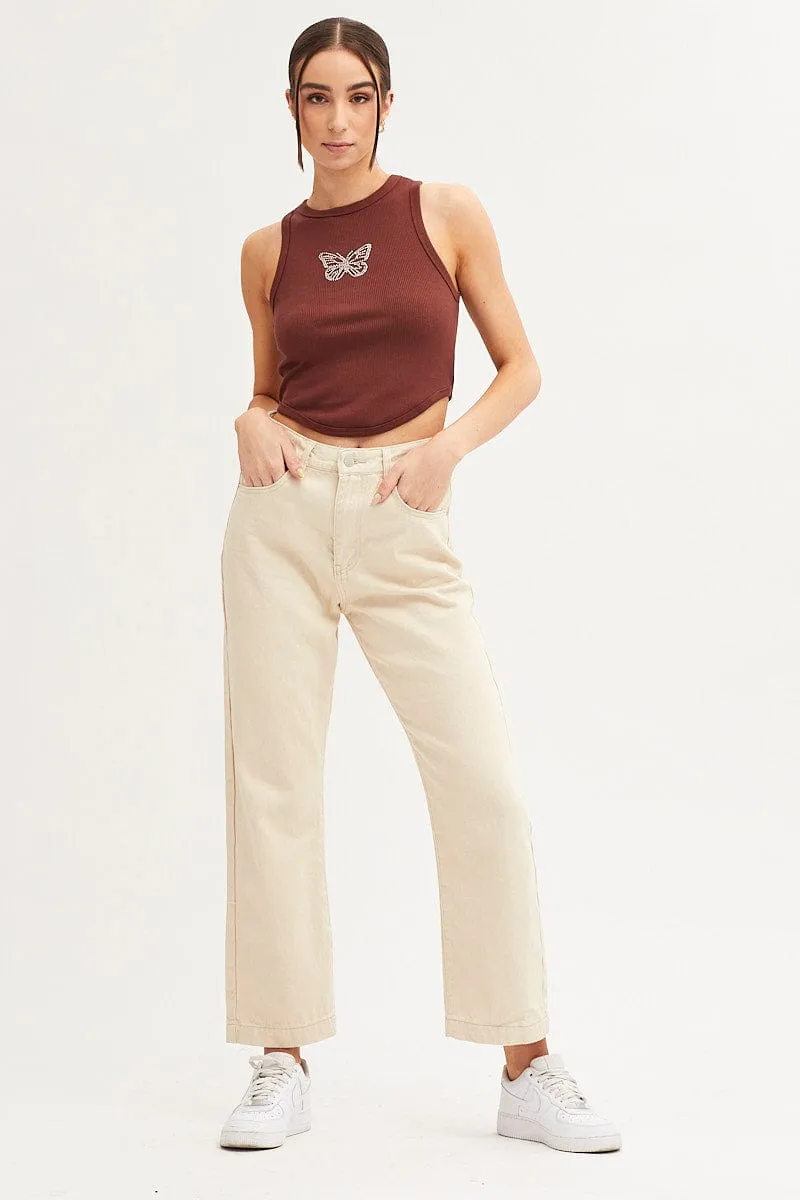AdjustableStraps Brown Tank Crew Neck Curved Hem Rib