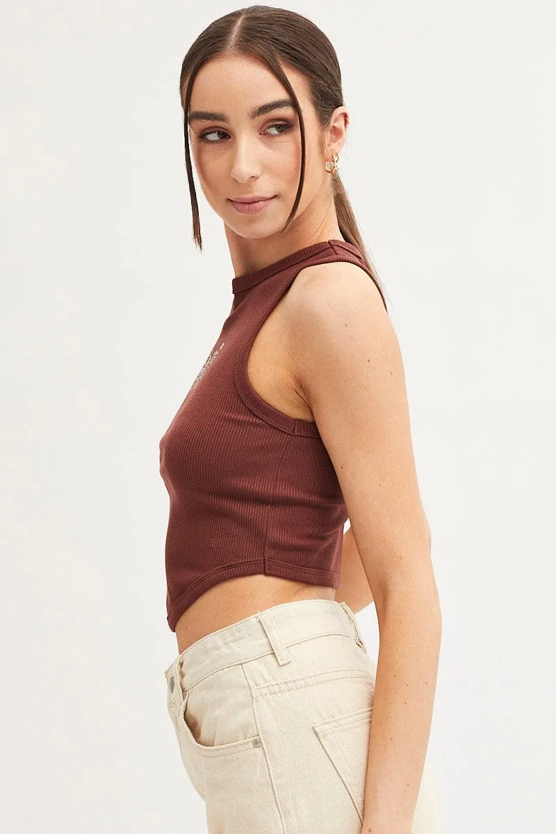 Eco-Friendly Material Simple Dress Brown Tank Crew Neck Curved Hem Rib