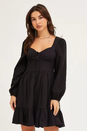 SeamlessTransition BiasCut Trims Black Skater Dress Puff Sleeve Mini