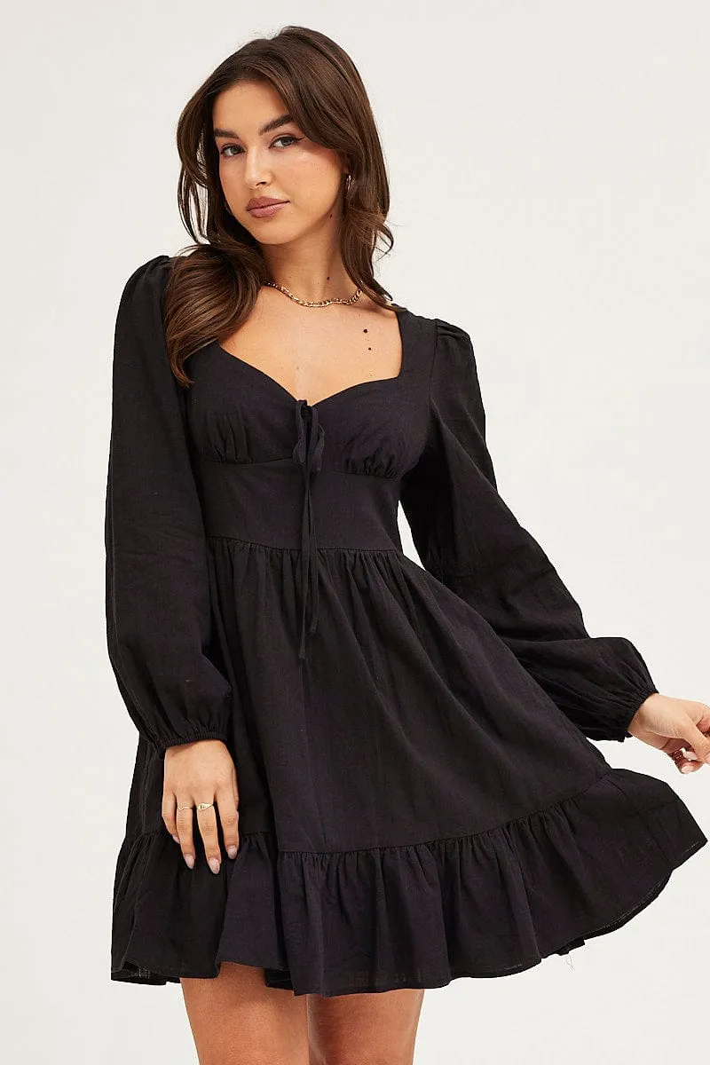 MachineWashable Fabric Black Skater Dress Puff Sleeve Mini