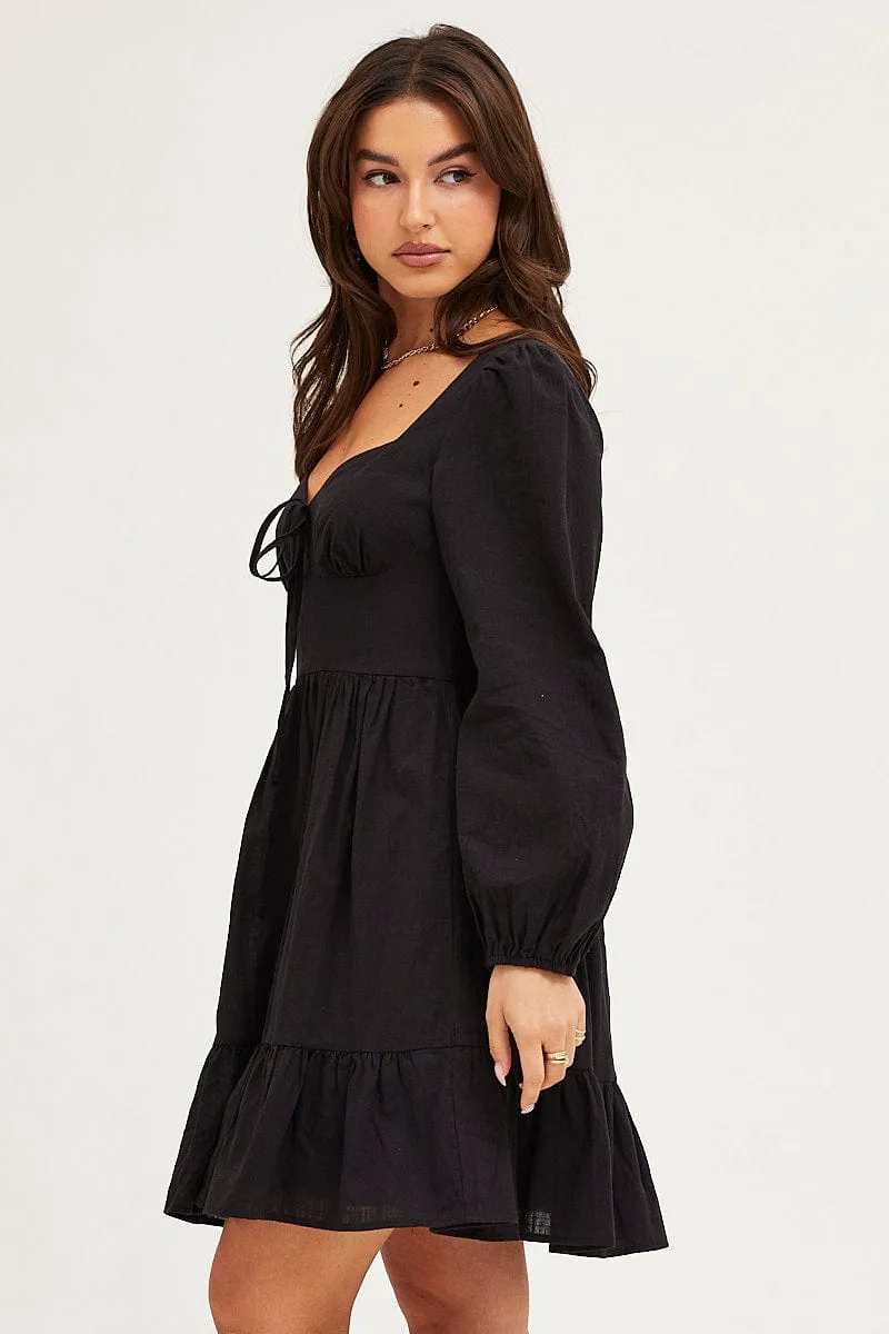 Road Look Black Skater Dress Puff Sleeve Mini