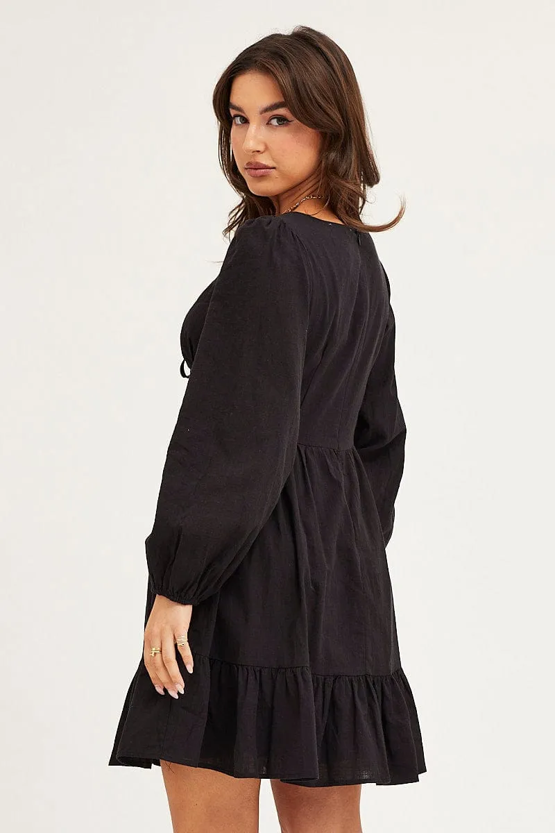 Casual Fit Black Skater Dress Puff Sleeve Mini