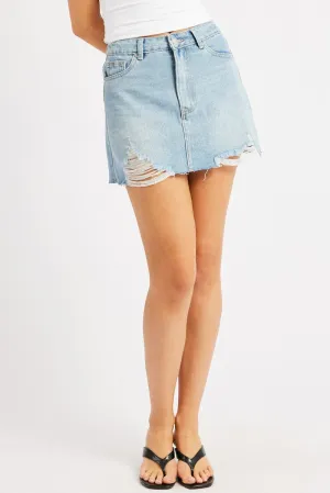 Denim Mini Skirt High Rise A Line Distressed Wrinkle Resistant Contemporary Mood