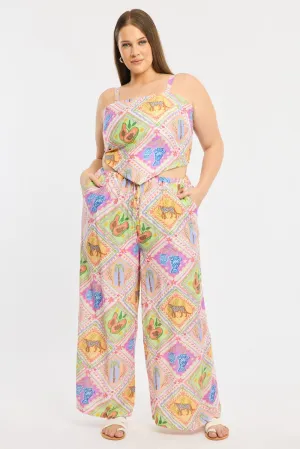 Multi Abstract Elastic Waist Wide Leg Pants Stretch Motion Breathable activewear