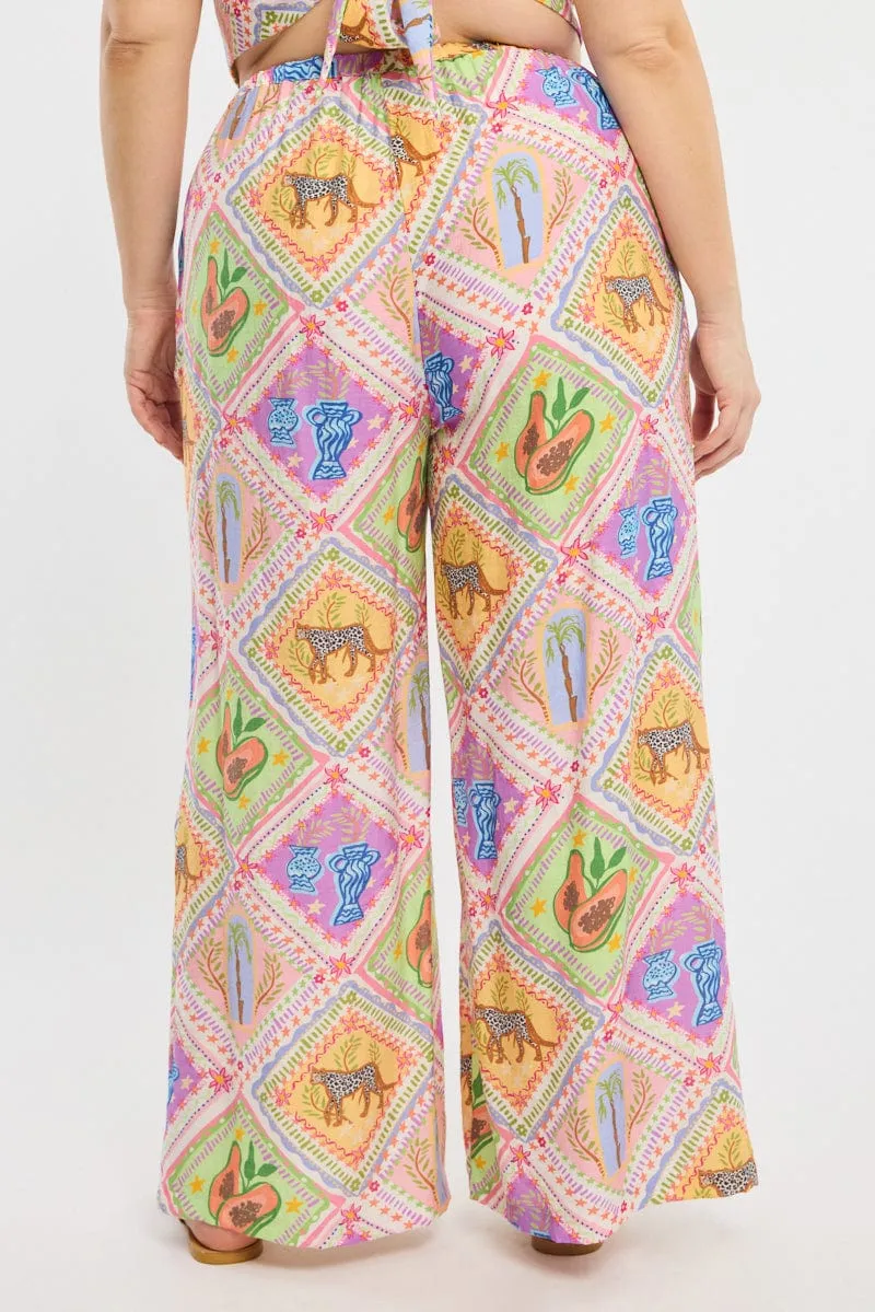 Multi Abstract Elastic Waist Wide Leg Pants HighRiseWaist