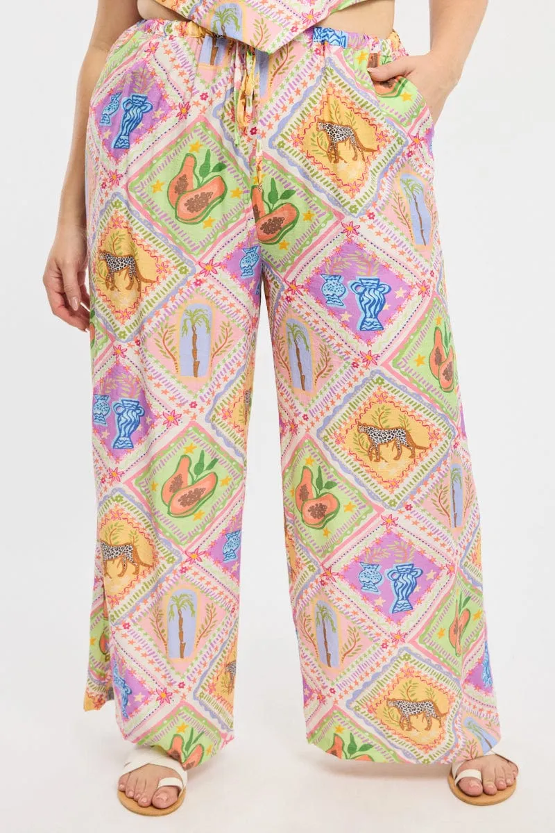Water-resistant Hygienic Inner Layer Multi Abstract Elastic Waist Wide Leg Pants