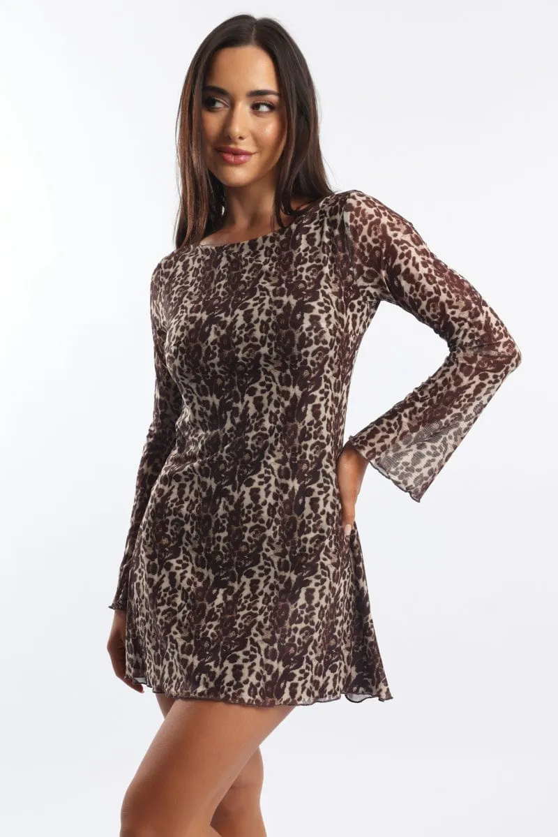 Brown Animal Print Mini Dress Long Sleeve Scene Pop