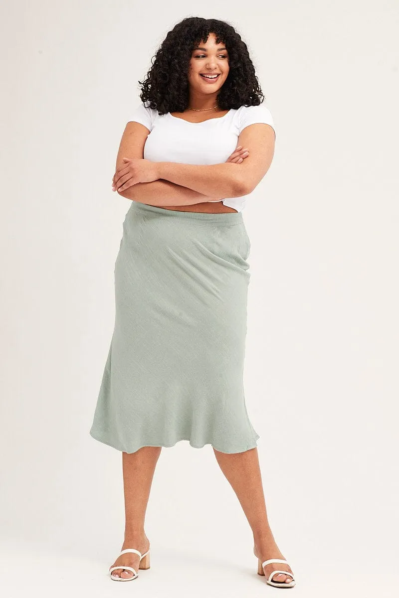 Fashion Collab Moisture Wicking Textile Green Elastic Waist Bias Linen Blend Skirt