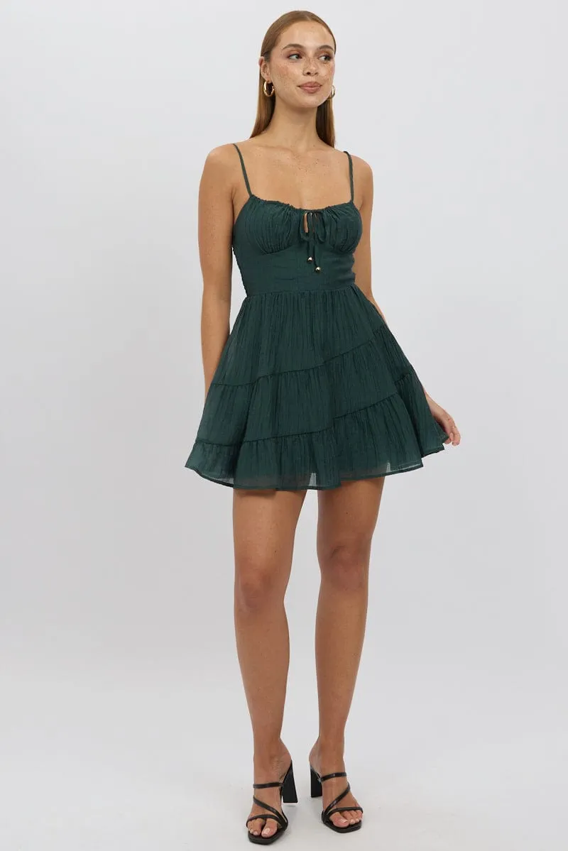 Convertible Neckline Green Fit And Flare Dress Mini Tiered