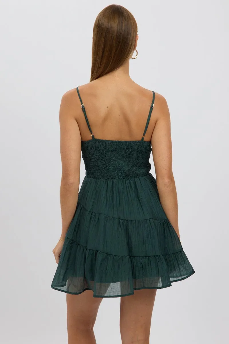 Green Fit And Flare Dress Mini Tiered Youthful Appeal Playful Look