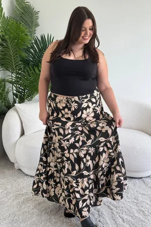 Outfit Moodset Black Floral Elastic Waist Tiered Maxi Skirt