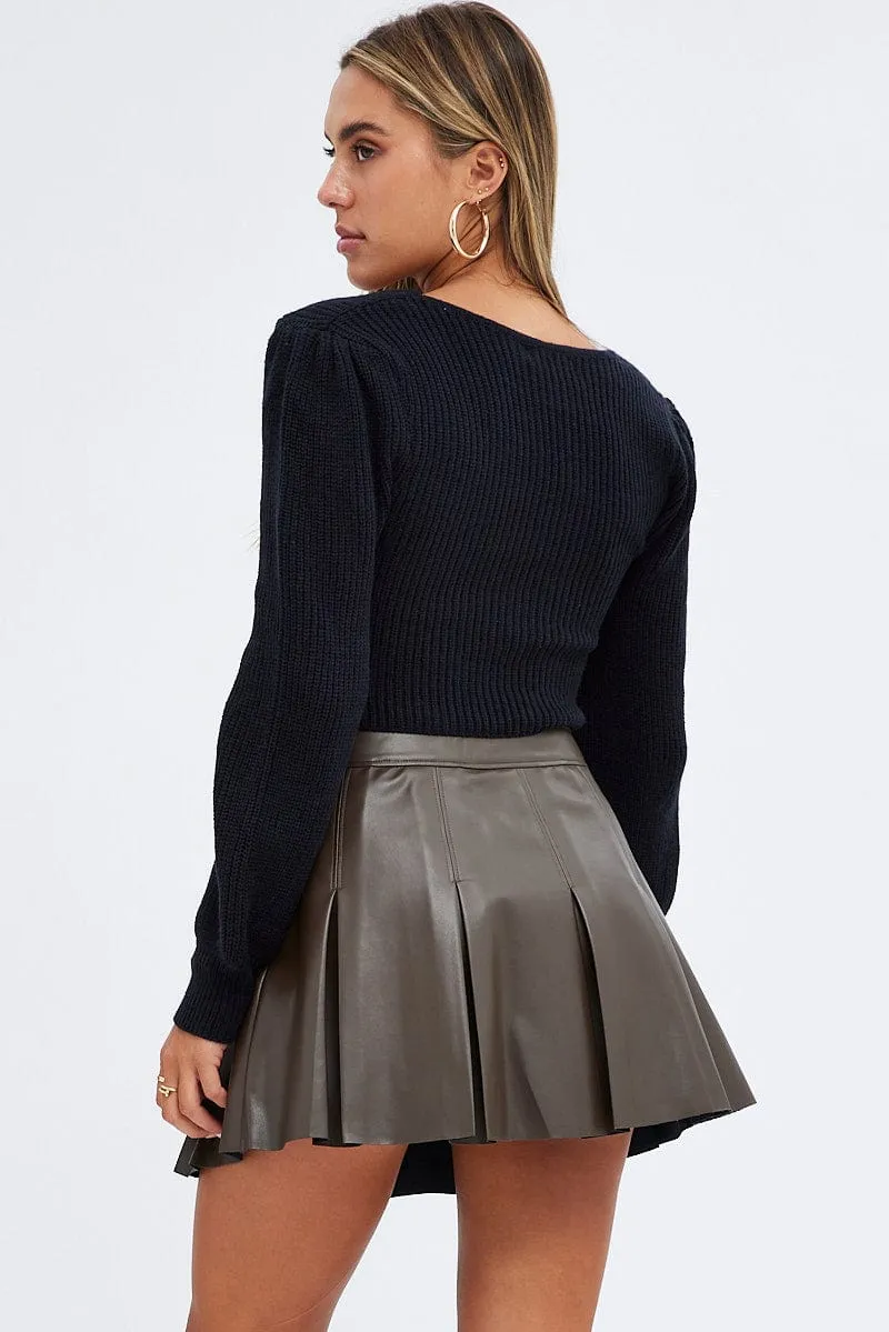 Casual Feel Brown Pleated Skirt Mini Faux Leather
