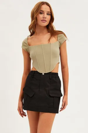Black Mini Skirt Cargo Cotton Blend Cuffed hem Tiered hem