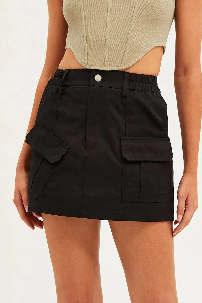 Black Mini Skirt Cargo Cotton Blend High Elasticity Material
