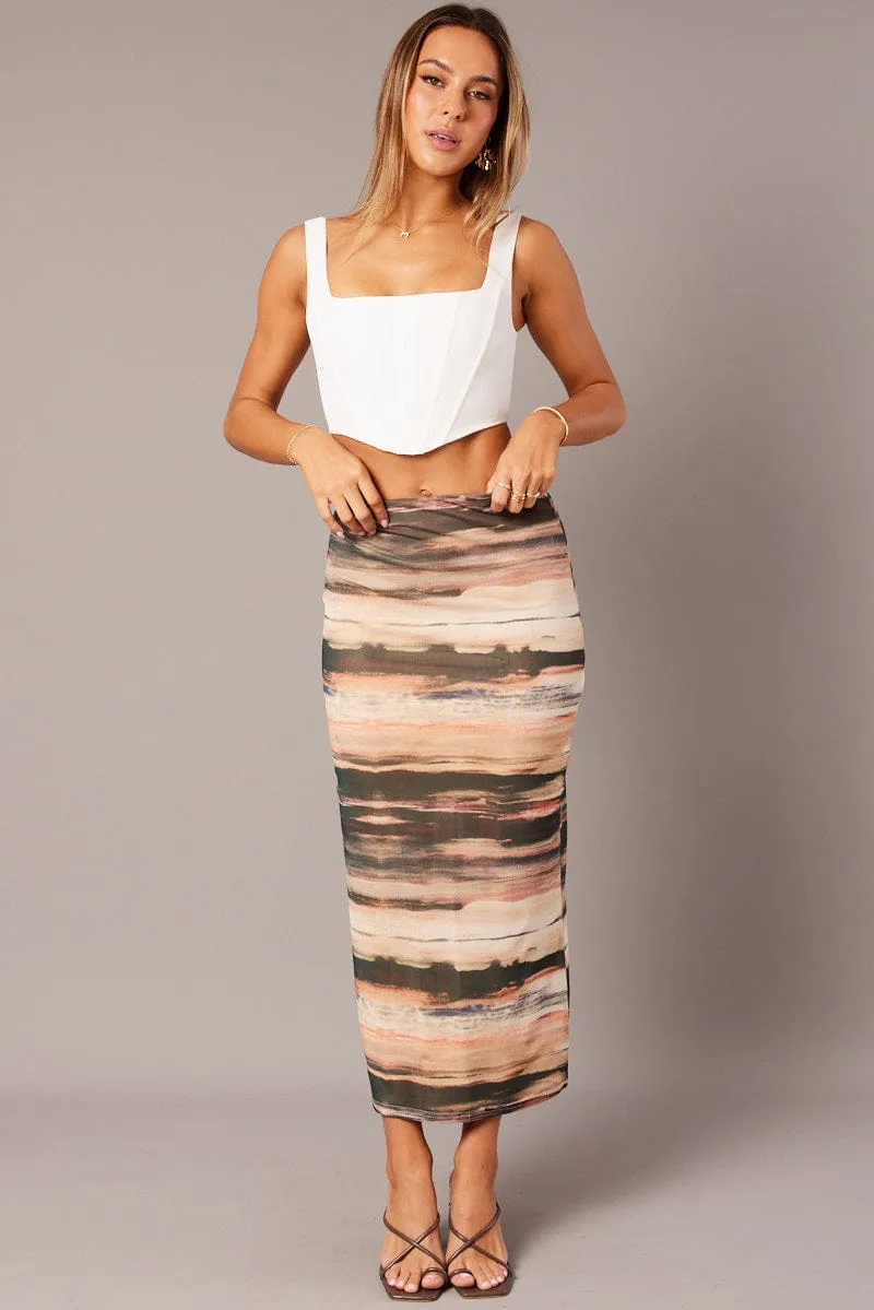 Simple Fit Brown Abstract Midi Skirt High Rise Mesh