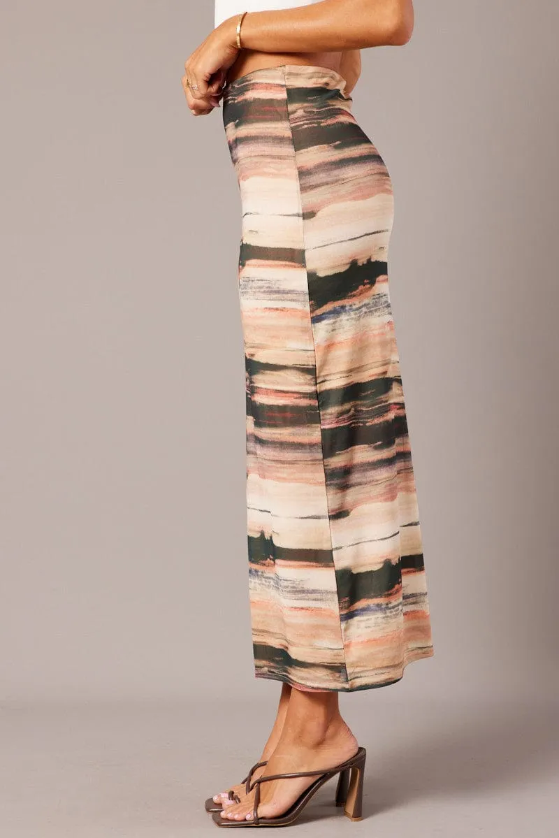 Travel Friendly Brown Abstract Midi Skirt High Rise Mesh