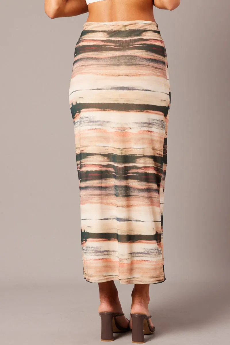 Brown Abstract Midi Skirt High Rise Mesh Light Comfort