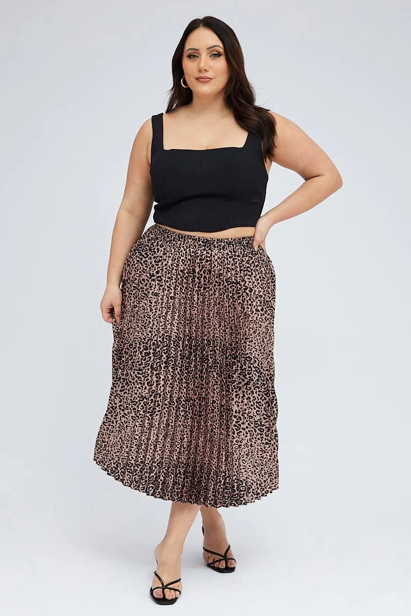 Brown Animal Print Pleated Skirt Leopard Visual Outfit