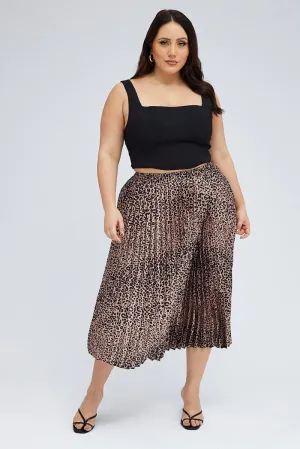 Brown Animal Print Pleated Skirt Leopard Mix Culture Tapered Cut