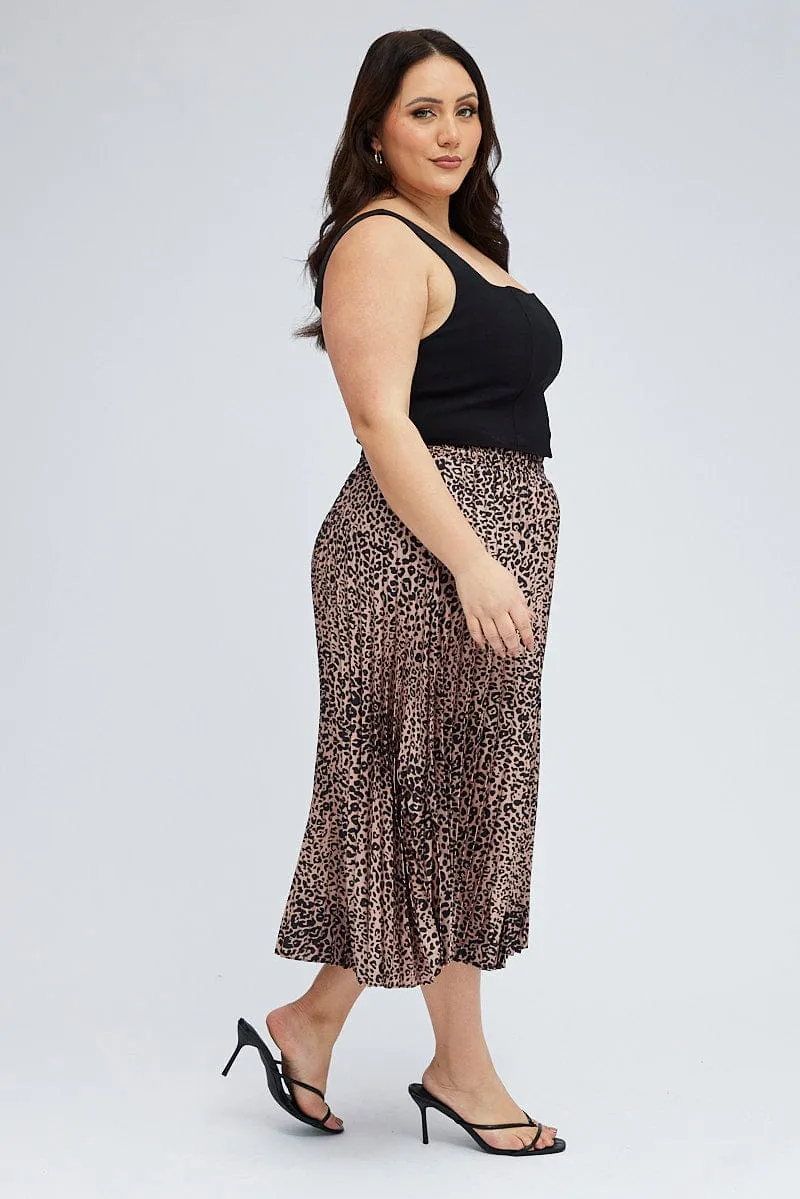 Urban Edge Brown Animal Print Pleated Skirt Leopard