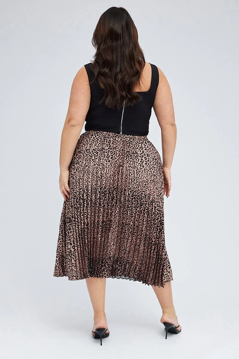 Mix Culture Brown Animal Print Pleated Skirt Leopard