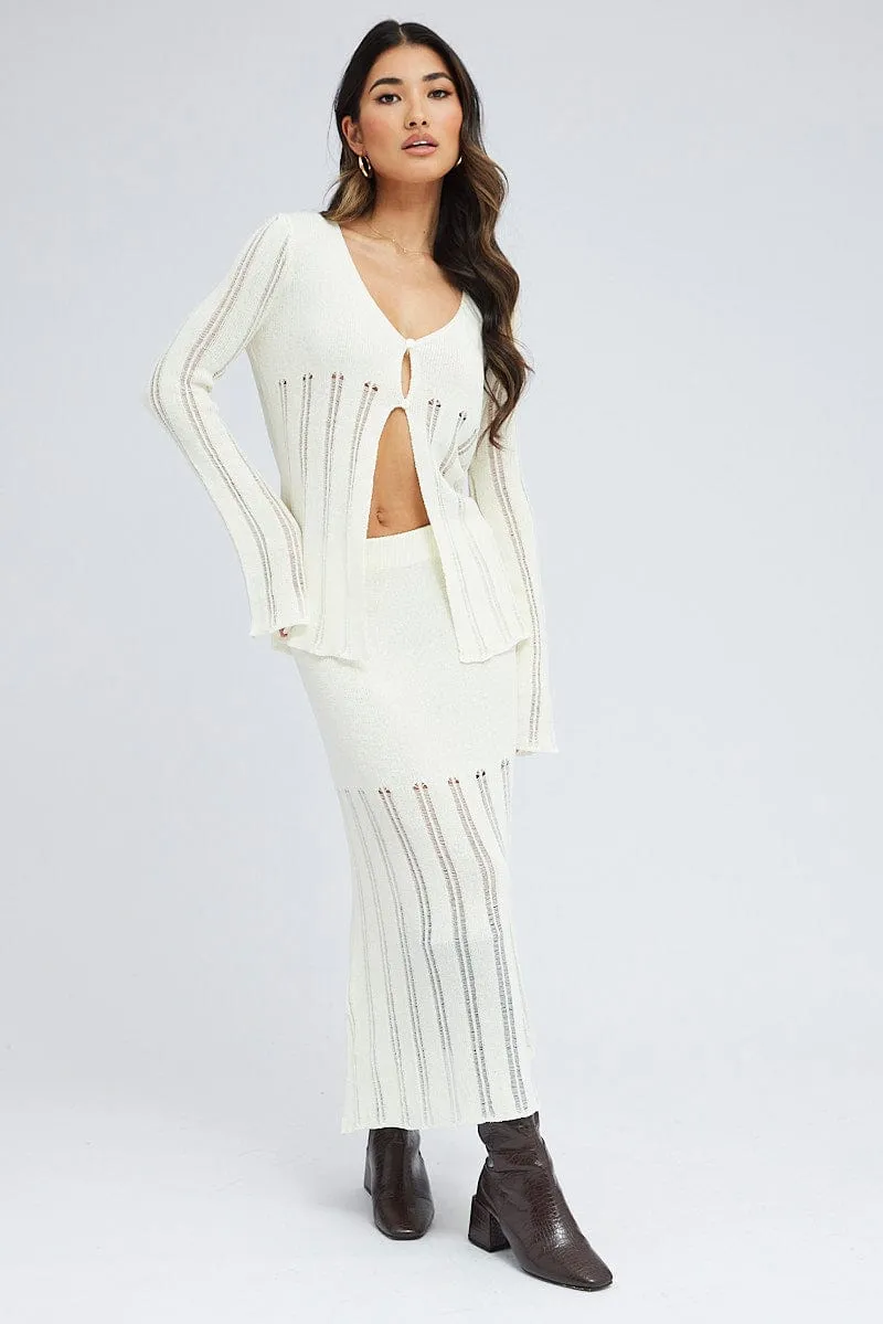 Refined Edge Urban Mood White Midi Skirt High Waisted A-line Ladder Knit