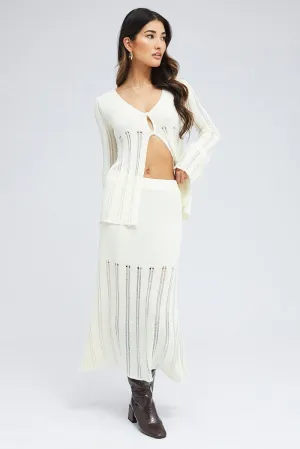 Natural Mood White Midi Skirt High Waisted A-line Ladder Knit