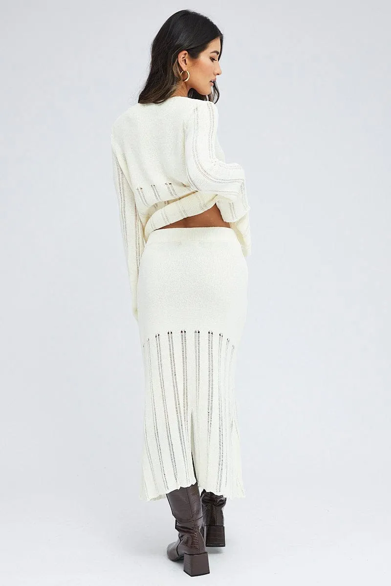White Midi Skirt High Waisted A-line Ladder Knit Bestseller Item