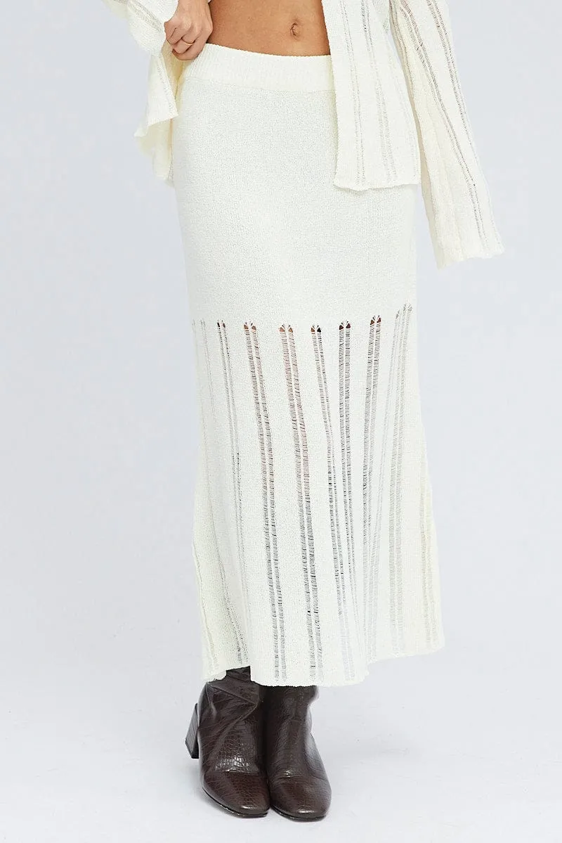 White Midi Skirt High Waisted A-line Ladder Knit Layer Combo