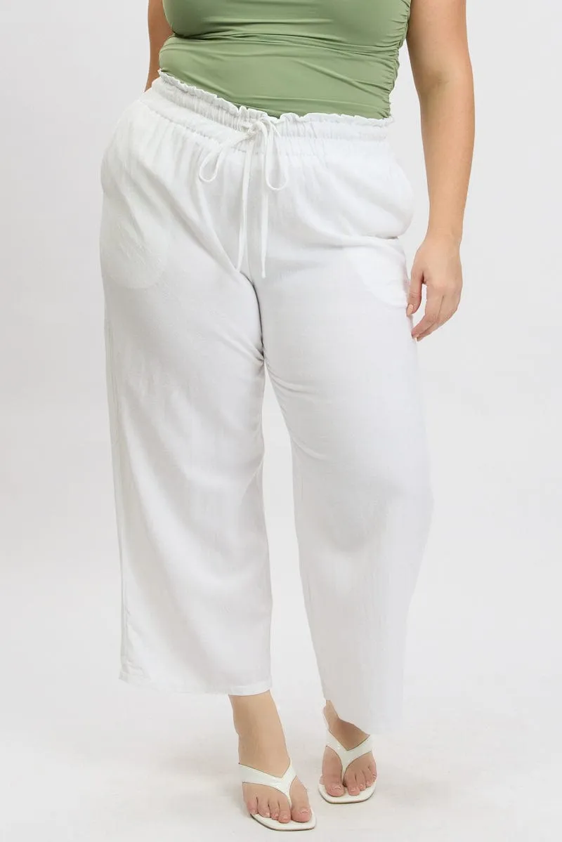 White Wideleg Pants Paperbag Elastic Waist Linen Blend Layered Look Smart Design