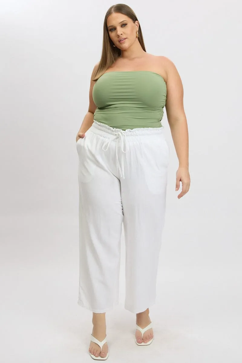 White Wideleg Pants Paperbag Elastic Waist Linen Blend Basic Look Elastic Cuff