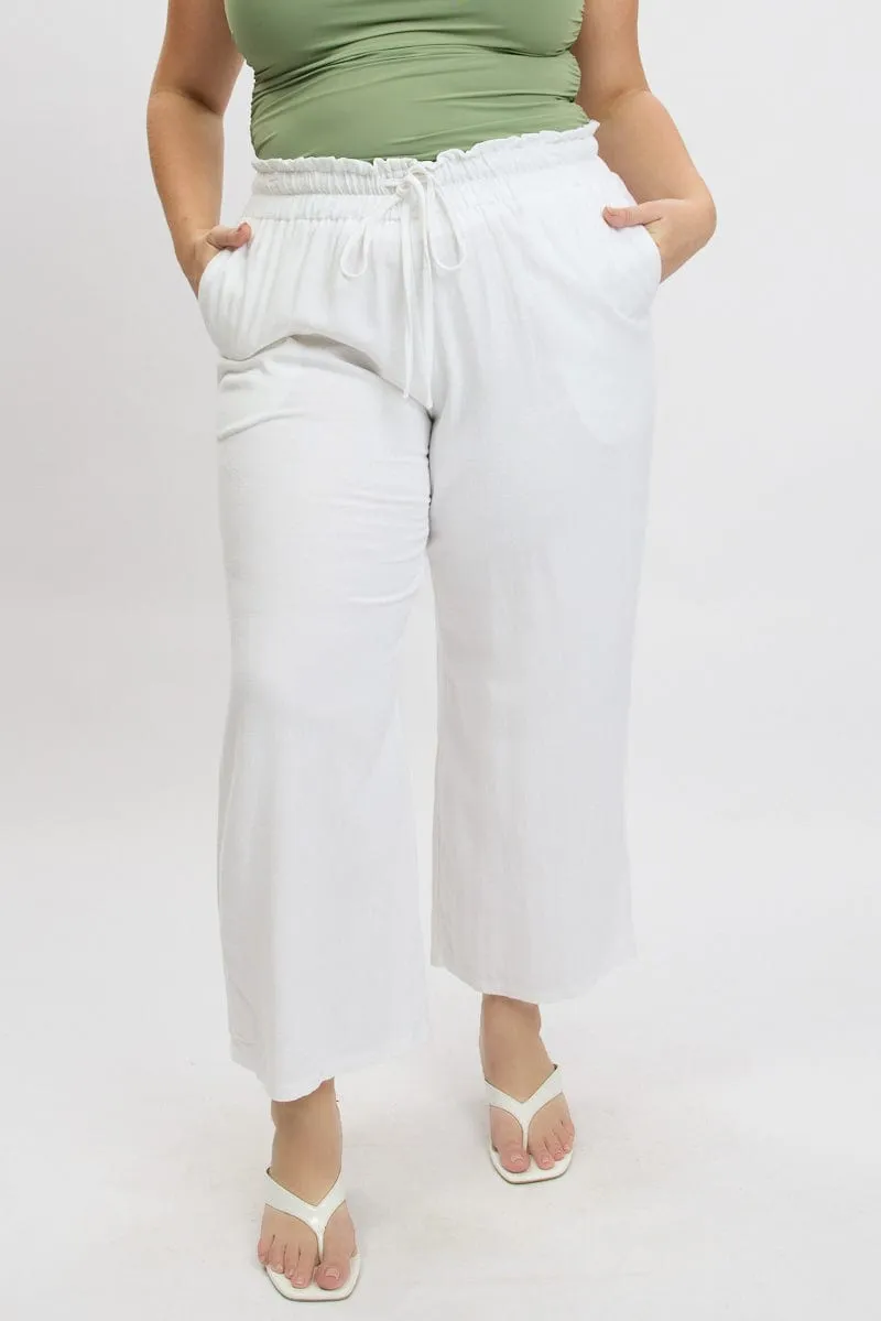 ReflectiveTrim BreathableFabric White Wideleg Pants Paperbag Elastic Waist Linen Blend
