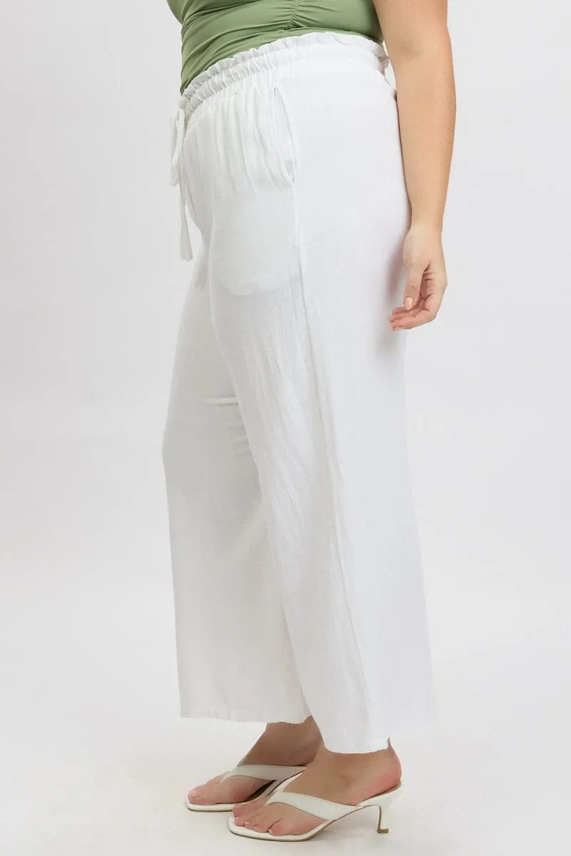 Structured Hemline Stay Fresh White Wideleg Pants Paperbag Elastic Waist Linen Blend